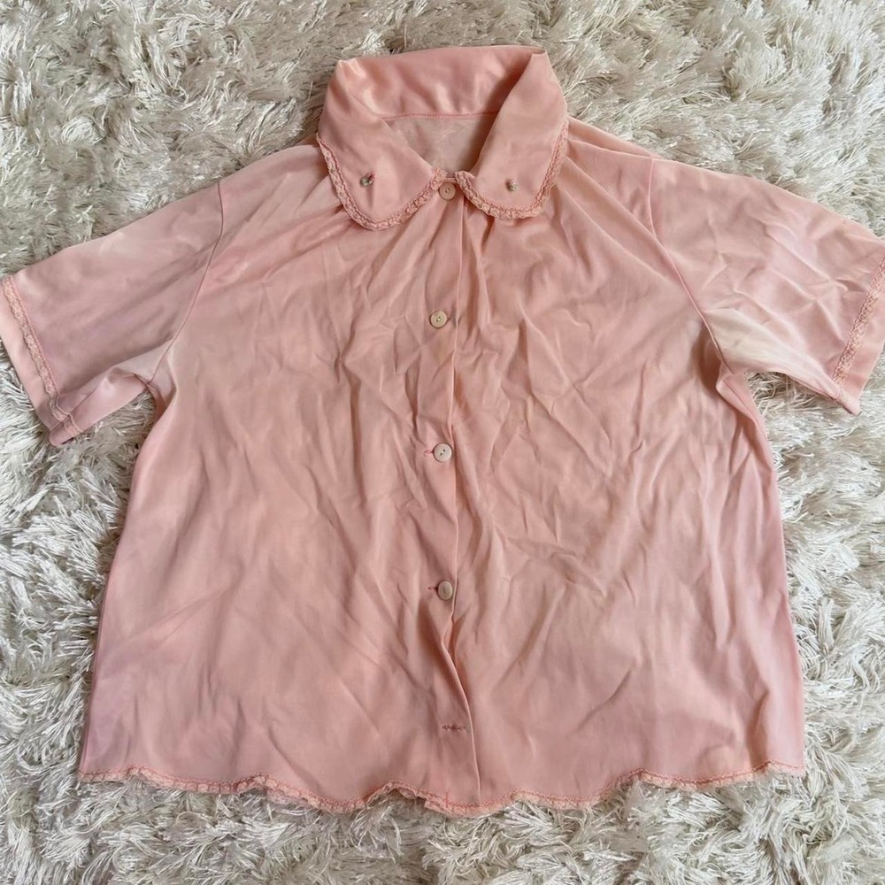 Vintage 1950s Sheer Pastel Pink Lace Rosebud Bed Jacket Coquette Blouse Top ML